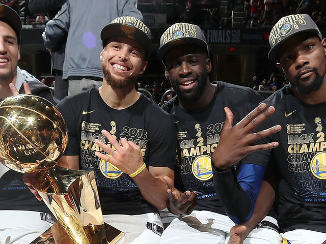 CLEVELAND, OH - JUNE 8: Andre Iguodala #9, Klay Thompson #11, Stephen Curry #30, Draymond Green #23, and Kevin Durant #35 of the Golden State Warriors pose with the Larry O'Brien Championship Trophy after Game Four of the 2018 NBA Finals against the Cleveland Cavaliers on June 8, 2018 at Quicken Loans Arena in Cleveland, Ohio. NOTE TO USER: User expressly acknowledges and agrees that, by downloading and/or using this photograph, user is consenting to the terms and conditions of the Getty Images License Agreement. Mandatory Copyright Notice: Copyright 2018 NBAE