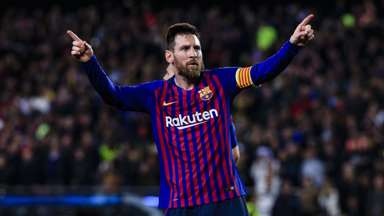 10 Leo Messi of FC Barcelona celebrating his goal during the UEFA Champions League first leg match of Semi final between FC Barcelona and Liverpool FC in Camp Nou Stadium in Barcelona 01 of May of 2019, Spain.