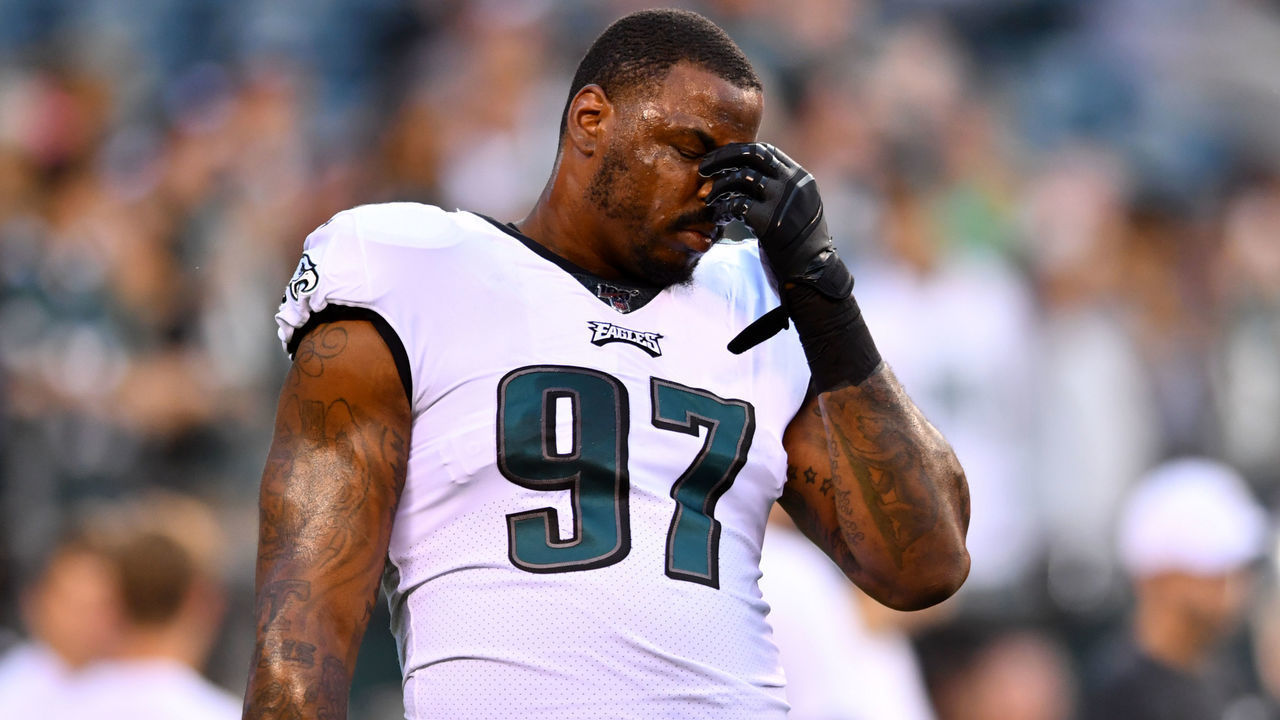 PHILADELPHIA, PA - AUGUST 22: Eagles DT Malik Jackson (97) stands on the field during warmups before the Preseason game between the Baltimore Ravens and Philadelphia Eagles on August 22, 2019 at Lincoln Financial Field in Philadelphia, PA.