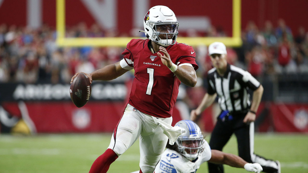 GLENDALE, ARIZONA - SEPTEMBER 08: Quarterback Kyler Murray #1 of the Arizona Cardinals scrambles away from Jahlani Tavai #51 of the Detroit Lions during the second half of the NFL football game at State Farm Stadium on September 08, 2019 in Glendale, Arizona.