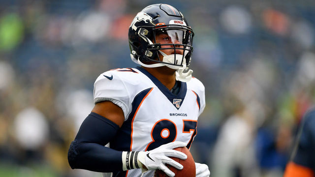 SEATTLE, WASHINGTON - AUGUST 08: Noah Fant #87 of the Denver Broncos warms up before the preseason game against the Seattle Seahawks at CenturyLink Field on August 08, 2019 in Seattle, Washington.