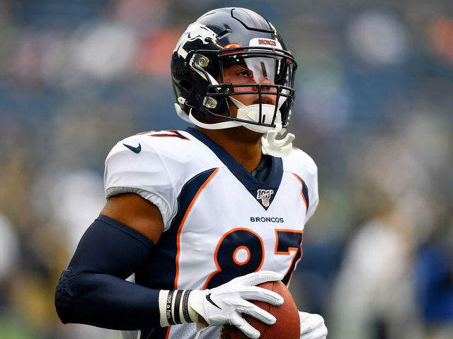 SEATTLE, WASHINGTON - AUGUST 08: Noah Fant #87 of the Denver Broncos warms up before the preseason game against the Seattle Seahawks at CenturyLink Field on August 08, 2019 in Seattle, Washington.
