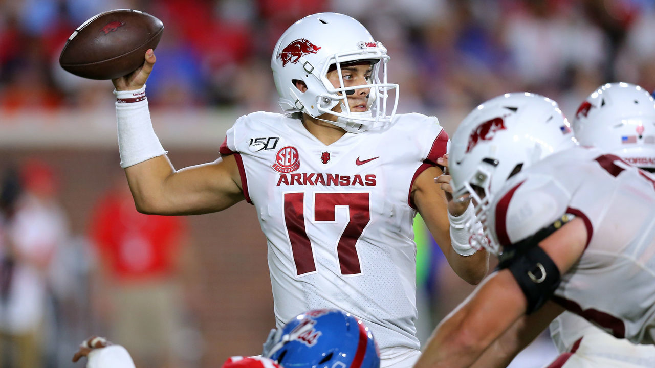 OXFORD, MISSISSIPPI - SEPTEMBER 07: Nick Starkel #17 of the Arkansas Razorbacks throws the ball during the second half of a game against the Mississippi Rebels at Vaught-Hemingway Stadium on September 07, 2019 in Oxford, Mississippi.