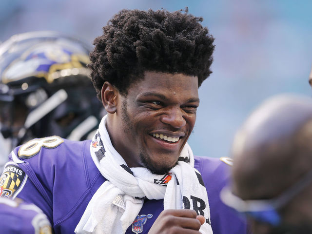 MIAMI, FLORIDA - SEPTEMBER 08: Lamar Jackson #8 of the Baltimore Ravens looks on from the sideline against the Miami Dolphins at Hard Rock Stadium on September 08, 2019 in Miami, Florida.