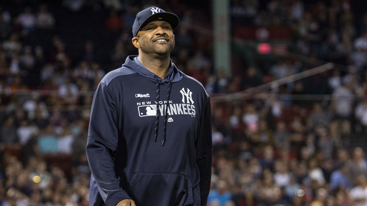 BOSTON, MA - SEPTEMBER 8: CC Sabathia #52 of the New York Yankees is introduced before being presented with a retirement gift from David Price #10 of the Boston Red Sox before a game on September 8, 2019 at Fenway Park in Boston, Massachusetts.