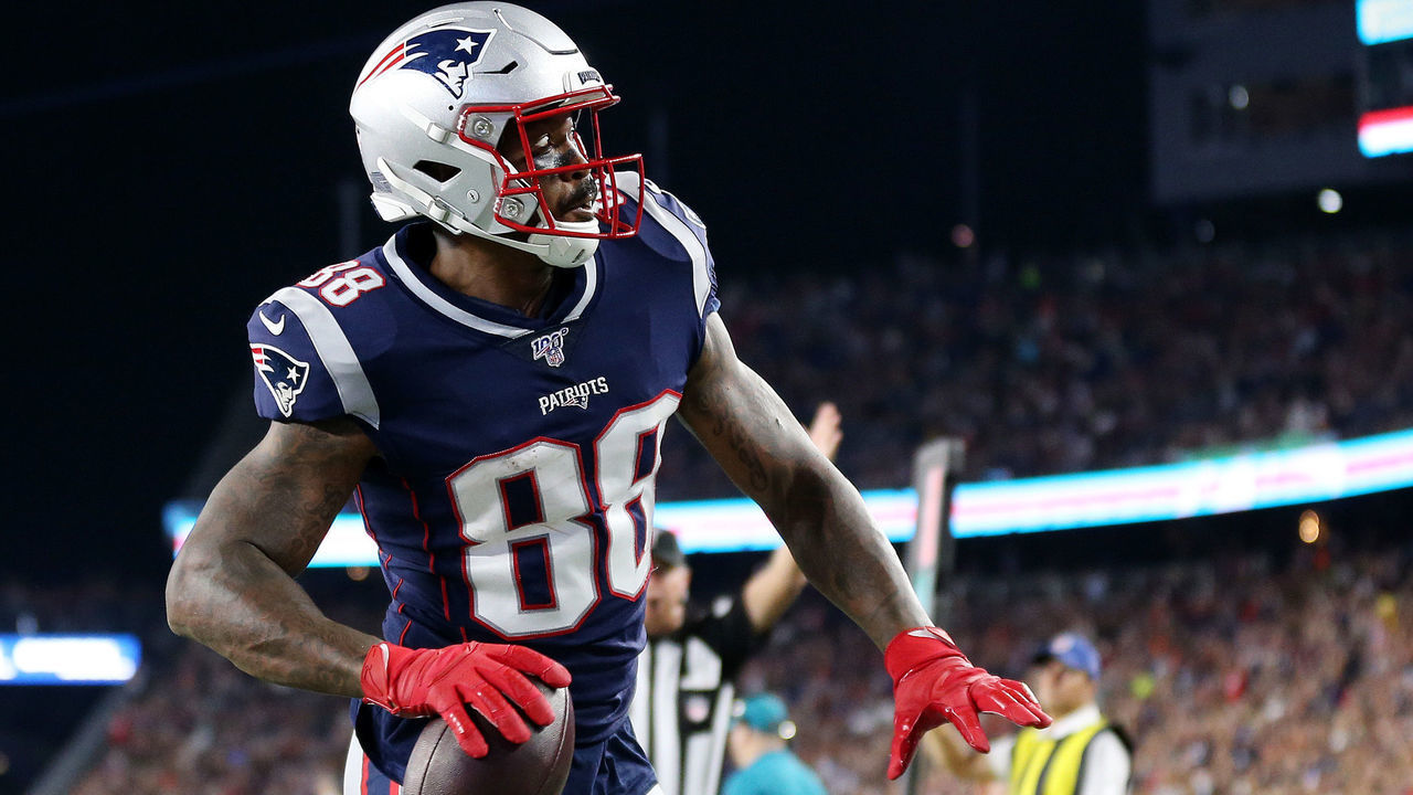 FOXBOROUGH, MASSACHUSETTS - AUGUST 29: Demaryius Thomas #88 of the New England Patriots celebrates after scoring a touchdwon during the preseason game between the New York Giants and the New England Patriots at Gillette Stadium on August 29, 2019 in Foxborough, Massachusetts.