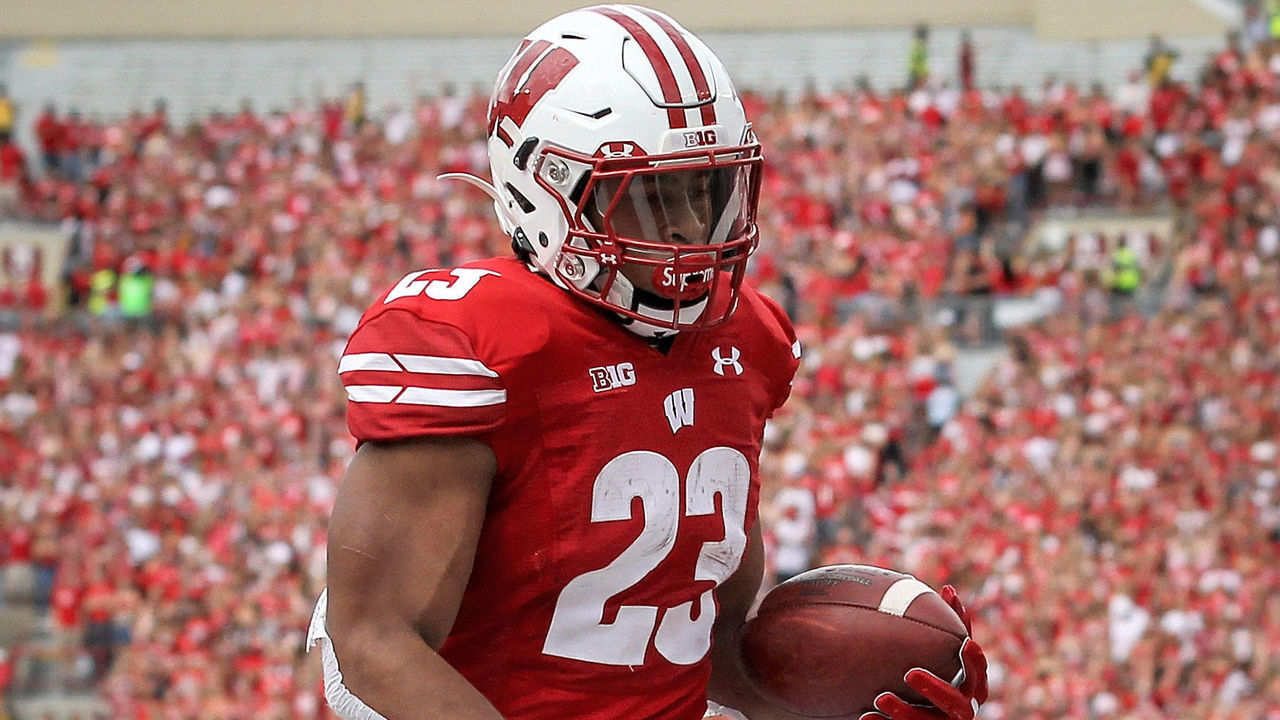 MADISON, WISCONSIN - SEPTEMBER 07: Jonathan Taylor #23 of the Wisconsin Badgers scores a touchdown in the first quarter against the Central Michigan Chippewas at Camp Randall Stadium on September 07, 2019 in Madison, Wisconsin.