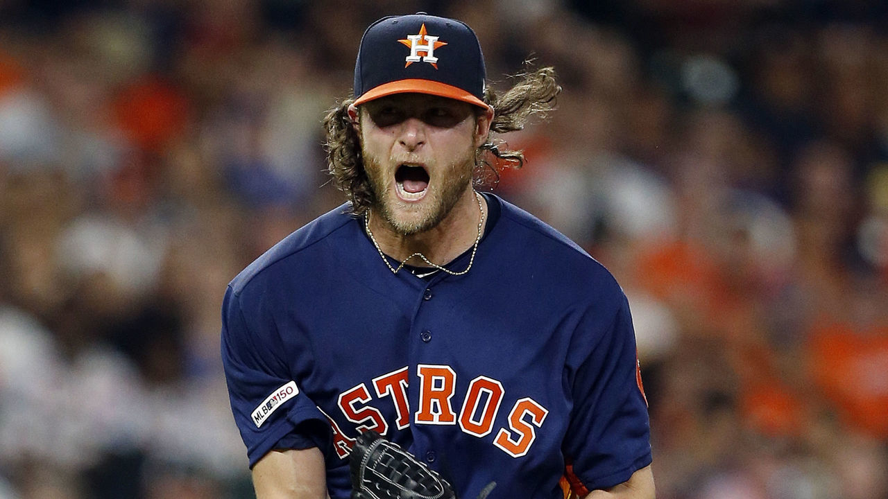 HOUSTON, TEXAS - MAY 11: Gerrit Cole #45 of the Houston Astros reacts after striking out Hunter Pence #24 of the Texas Rangers in the fourth inning at Minute Maid Park on May 11, 2019 in Houston, Texas.