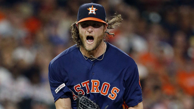 HOUSTON, TEXAS - MAY 11: Gerrit Cole #45 of the Houston Astros reacts after striking out Hunter Pence #24 of the Texas Rangers in the fourth inning at Minute Maid Park on May 11, 2019 in Houston, Texas.
