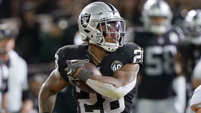 OAKLAND, CA - SEPTEMBER 09: Josh Jacobs #28 of the Oakland Raiders carries the ball against the Denver Broncos during the fourth quarter of an NFL football game at RingCentral Coliseum on September 9, 2019 in Oakland, California.