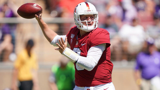 PALO ALTO, CA - AUGUST 31: K.J. Costello #3 of the Stanford Cardinal drops back to pass against the Northwestern Wildcats during the second quarter of an NCAA football game at Stanford Stadium on August 31, 2019 in Palo Alto, California.
