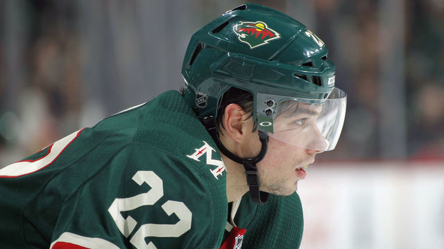 ST. PAUL, MN - MARCH 14: Kevin Fiala #22 of the Minnesota Wild lines up for a face-off during a game with the Dallas Stars at Xcel Energy Center on March 14, 2019 in St. Paul, Minnesota.