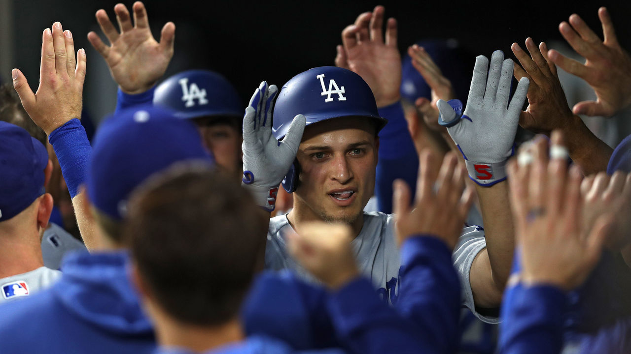 BALTIMORE, MARYLAND - SEPTEMBER 10: Corey Seager #5 of the Los Angeles Dodgers celebrates with teammates in the dugout after hitting a three run home run against the Baltimore Orioles during the first inning at Oriole Park at Camden Yards on September 10, 2019 in Baltimore, Maryland.