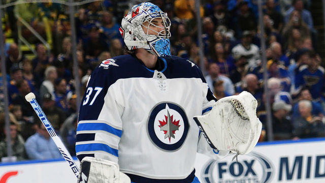 ST. LOUIS, MO - APRIL 20: Winnipeg Jets goalie Connor Hellebuyck (37) during a first round Stanley Cup Playoffs game between the Winnipeg Jets and the St. Louis Blues, on April 20, 2019, at Enterprise Center, St. Louis, Mo.