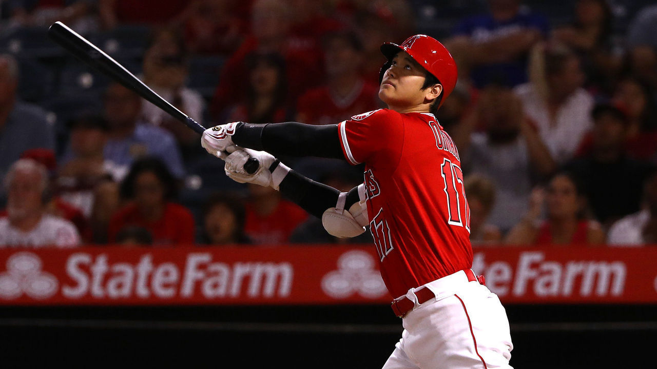 ANAHEIM, CALIFORNIA - SEPTEMBER 10: Shohei Ohtani #17 of the Los Angeles Angels hits a fly ball out to left field during the first inning of the MLB game against the Cleveland Indians at Angel Stadium of Anaheim on September 10, 2019 in Anaheim, California.