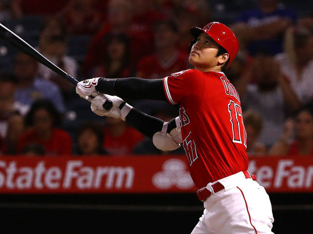 ANAHEIM, CALIFORNIA - SEPTEMBER 10: Shohei Ohtani #17 of the Los Angeles Angels hits a fly ball out to left field during the first inning of the MLB game against the Cleveland Indians at Angel Stadium of Anaheim on September 10, 2019 in Anaheim, California.