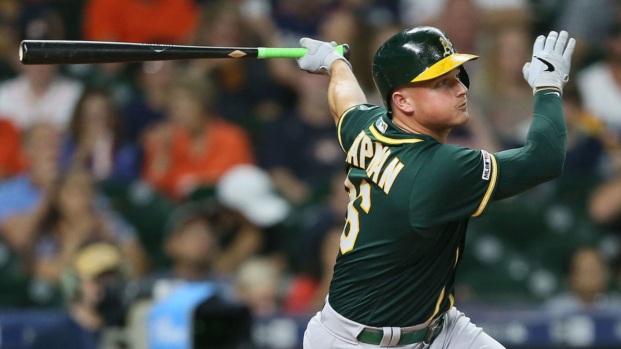 HOUSTON, TEXAS - SEPTEMBER 10: Matt Chapman #26 of the Oakland Athletics lines out to center in the first inning against the Houston Astros at Minute Maid Park on September 10, 2019 in Houston, Texas.