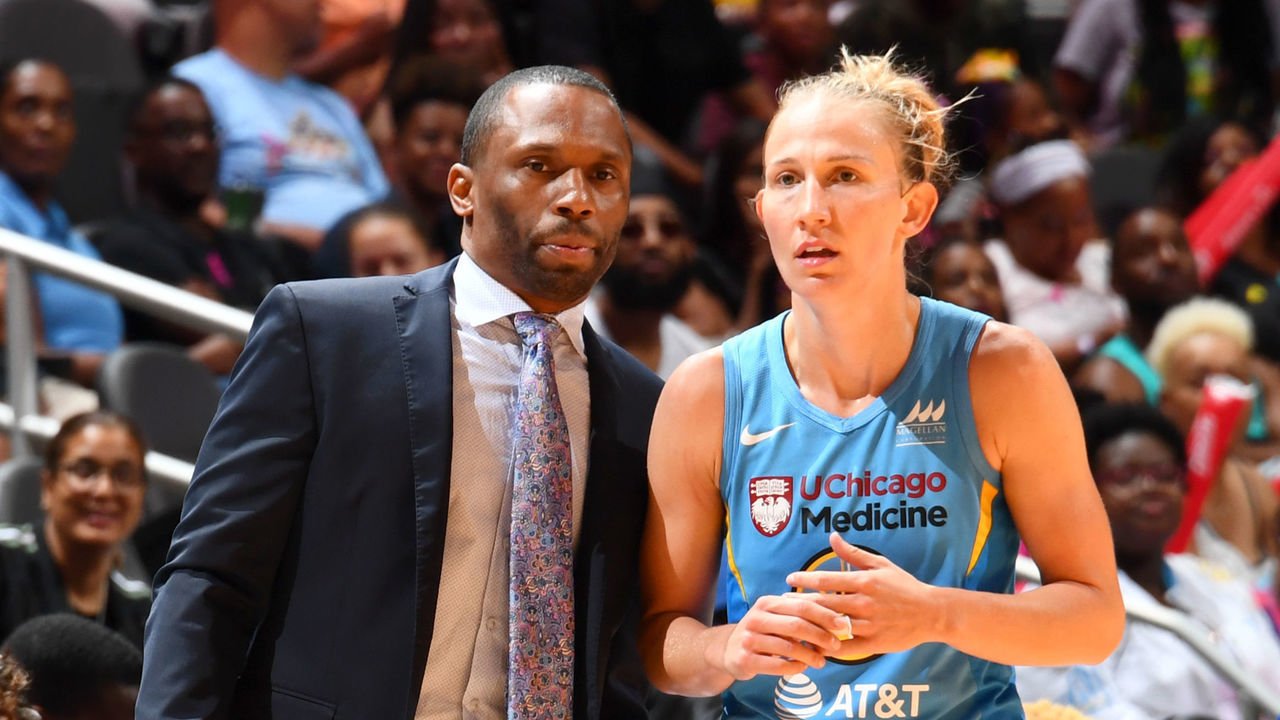 ATLANTA, GA - AUGUST 20: Head Coach James Wade speaks with Courtney Vandersloot #22 of the Chicago Sky on August 20, 2019 at the State Farm Arena in Atlanta, Georgia. Mandatory Copyright Notice: Copyright 2019 NBAE