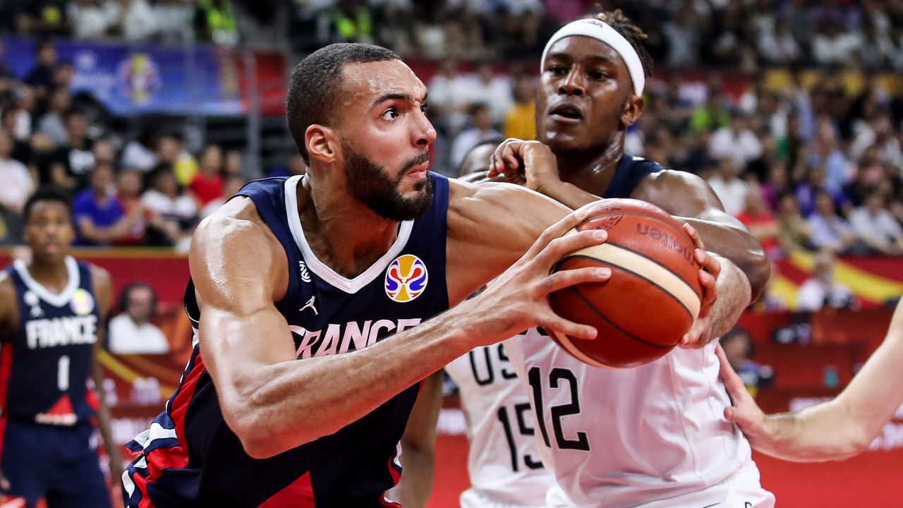 DONGGUAN, CHINA - SEPTEMBER 11: #27 Rudy Gobert of France drives during the quarter final of 2019 FIBA World Cup between USA and France at Dongguan Basketball Center on September 11, 2019 in Dongguan, China.