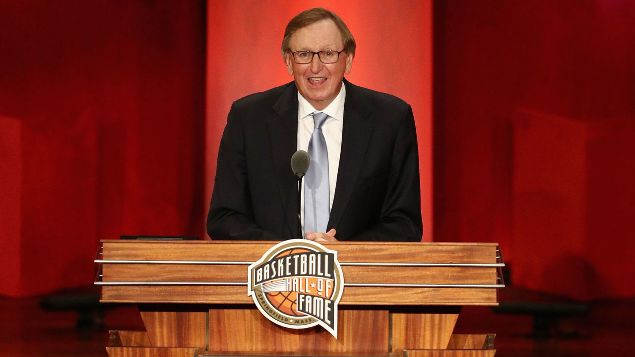 SPRINGFIELD, MA - SEPTEMBER 07: Naismith Memorial Basketball Hall of Fame Class of 2018 enshrinee Rod Thorn speaks during the 2018 Basketball Hall of Fame Enshrinement Ceremony at Symphony Hall on September 7, 2018 in Springfield, Massachusetts.
