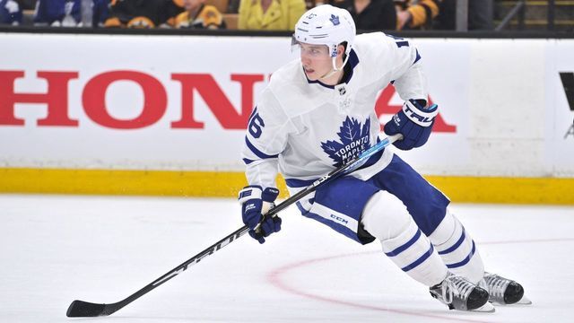 BOSTON, MA - APRIL 13: Toronto Maple Leafs right wing Mitchell Marner (16) makes a quick turn, and heads up ice after the puck. During Game 2 in the First round of the Stanley Cup playoffs featuring the Toronto Maple Leafs against the Boston Bruins on April 13, 2019 at TD Garden in Boston, MA.