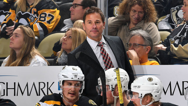 PITTSBURGH, PA - MARCH 10: Head coach Bruce Cassidy of the Boston Bruins looks on against the Pittsburgh Penguins at PPG Paints Arena on March 10, 2019 in Pittsburgh, Pennsylvania.