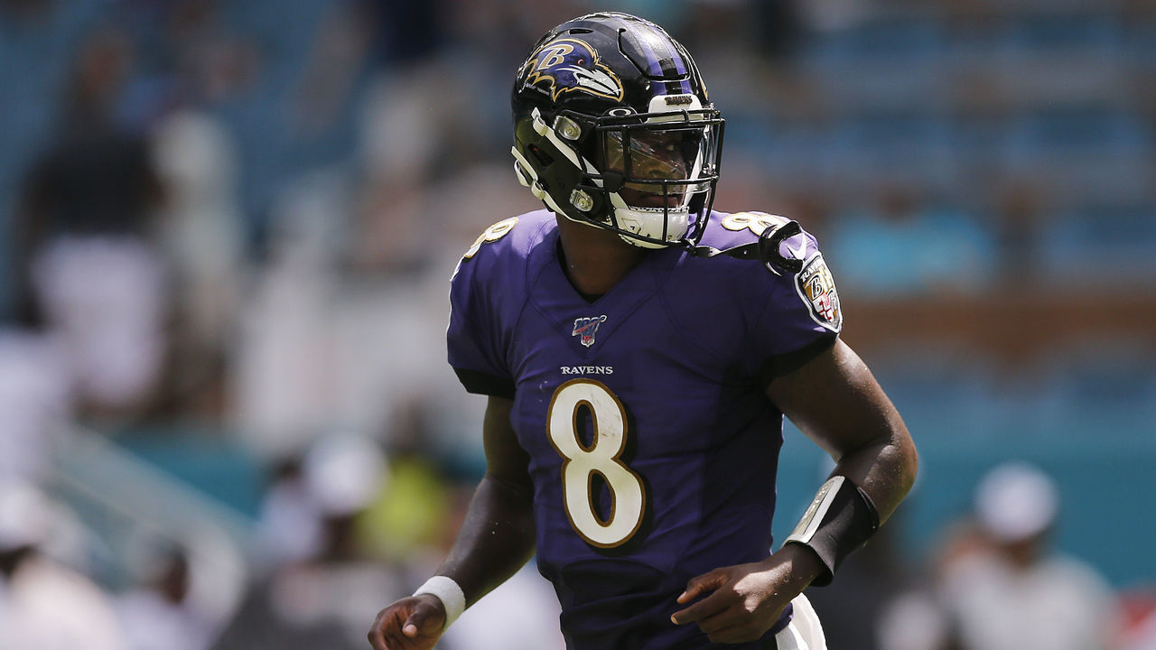 MIAMI, FLORIDA - SEPTEMBER 08: Lamar Jackson #8 of the Baltimore Ravens in action against the Miami Dolphins at Hard Rock Stadium on September 08, 2019 in Miami, Florida.