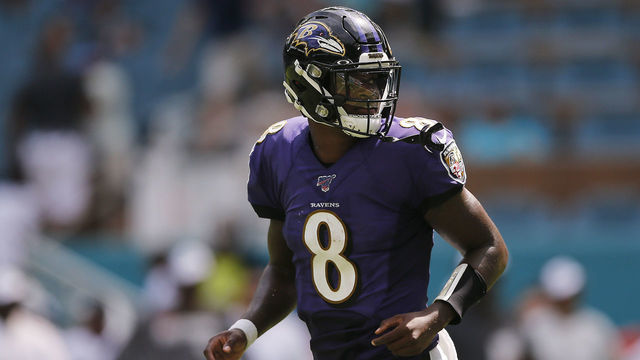 MIAMI, FLORIDA - SEPTEMBER 08: Lamar Jackson #8 of the Baltimore Ravens in action against the Miami Dolphins at Hard Rock Stadium on September 08, 2019 in Miami, Florida.