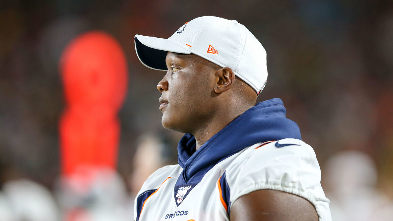 LOS ANGELES, CA - AUGUST 24: Denver Broncos offensive tackle Ja'Wuan James #70 looks at his teammates play during the preseason football game between the Denver Broncos and the Los Angeles Rams on August 24, 2019 at the Los Angeles Memorial Coliseum in Los Angeles, CA.
