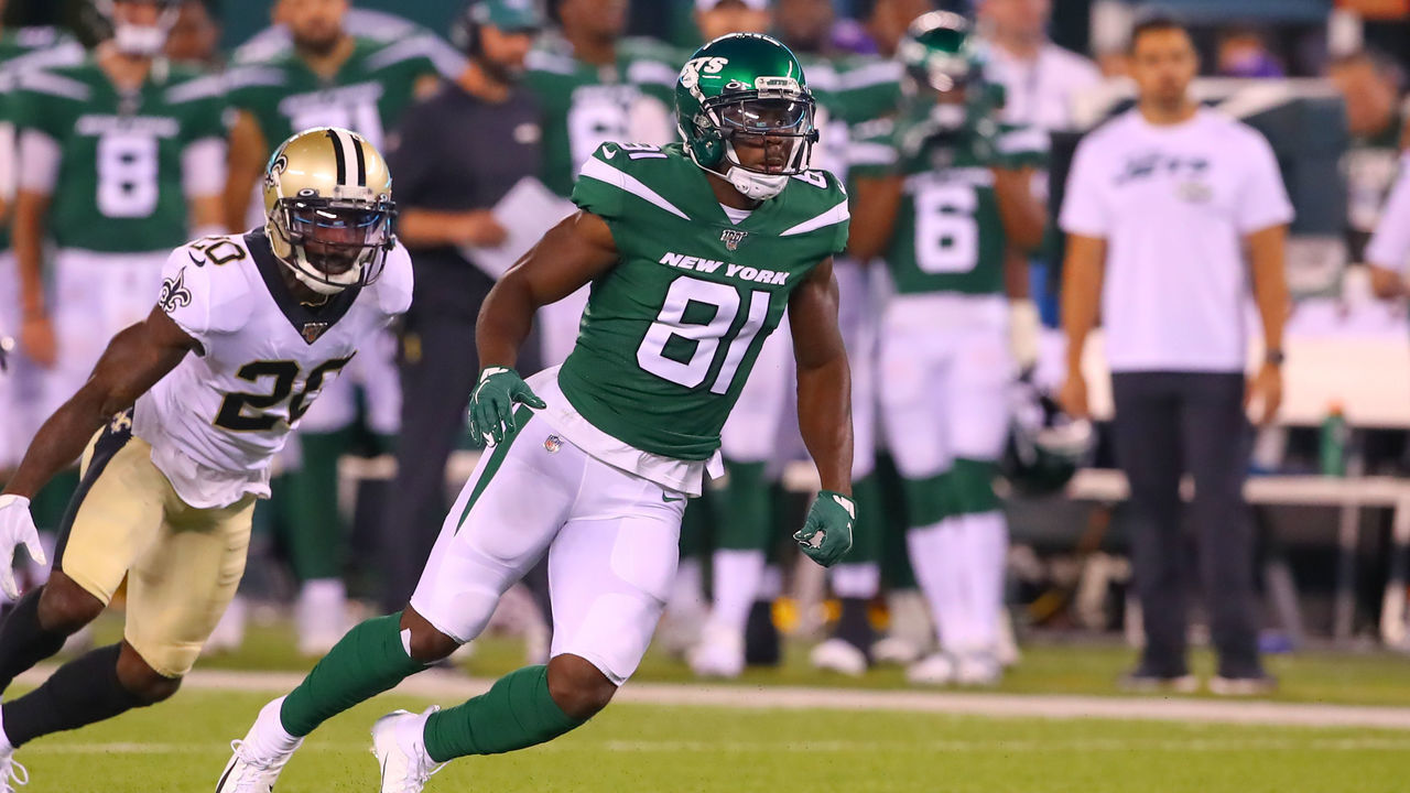 EAST RUTHERFORD, NJ - AUGUST 24: New York Jets wide receiver Quincy Enunwa (81) during the Preseason National Football League game between the New Orleans Saints and the New York Jets on August 24, 2019 at MaeLife Stadium in East Rutherford, NJ.