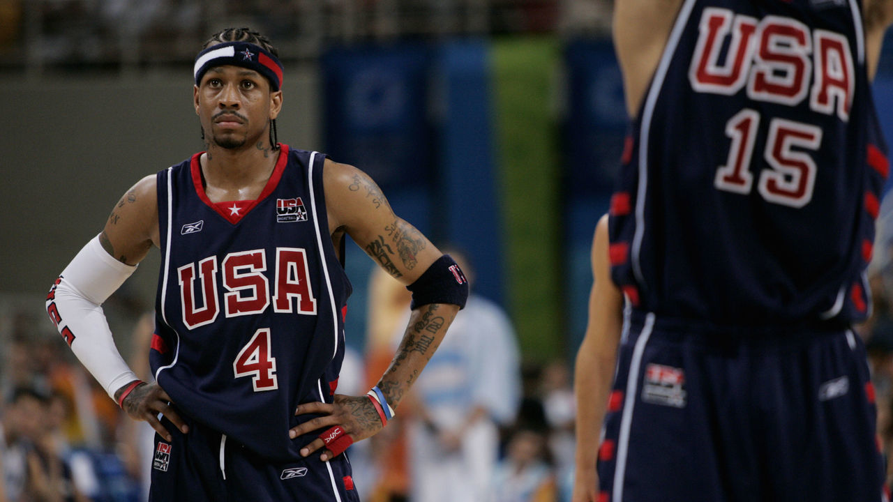 ATHENS - AUGUST 27: Allen Iverson of the USA looks on against Argentina during the semifinal game of the Athens 2004 Summer Olympic Games at the Indoor Hall of the Olympic Sports Complex on August 23, 2004 in Athens, Greece. Argentina won 89-81 to advance to the gold medal game. NOTE TO USER: User expressly acknowledges and agrees that, by downloading and/or using this Photograph, user is consenting to the terms and conditions of the Getty Images License Agreement. Mandatory Copyright Notice: Copyright 2004 NBAE
