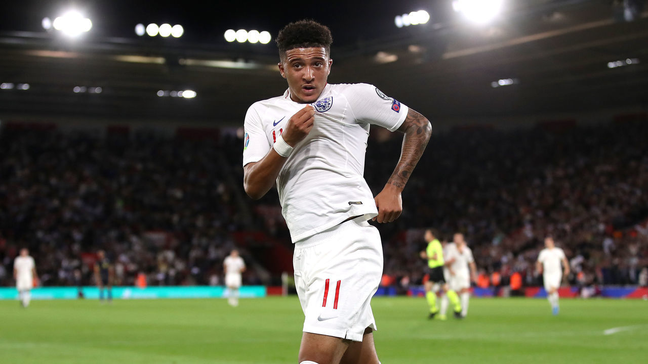 England's Jadon Sancho celebrates scoring his side's fourth goal of the game during the UEFA Euro 2020 qualifying, Group A match at St Mary's, Southampton.