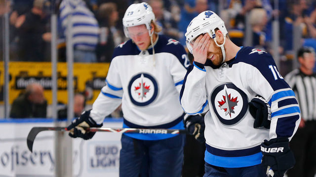 ST. LOUIS, MO - APRIL 20: Bryan Little #18 of the Winnipeg Jets reacts after the Jets were eliminated in Game Six of the Western Conference First Round during the 2019 NHL Stanley Cup Playoffs at the Enterprise Center on April 20, 2019 in St. Louis, Missouri.