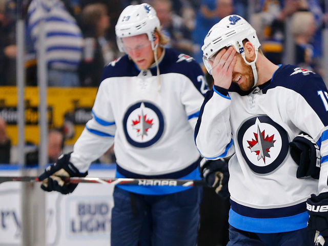 ST. LOUIS, MO - APRIL 20: Bryan Little #18 of the Winnipeg Jets reacts after the Jets were eliminated in Game Six of the Western Conference First Round during the 2019 NHL Stanley Cup Playoffs at the Enterprise Center on April 20, 2019 in St. Louis, Missouri.