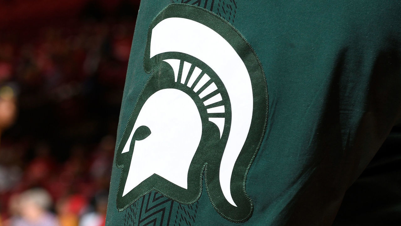 COLLEGE PARK, MD - JANUARY 11: The Michigan State Spartans logo on a uniform during the game against the Maryland Terrapins at Xfinity Center on January 11, 2018 in College Park, Maryland.