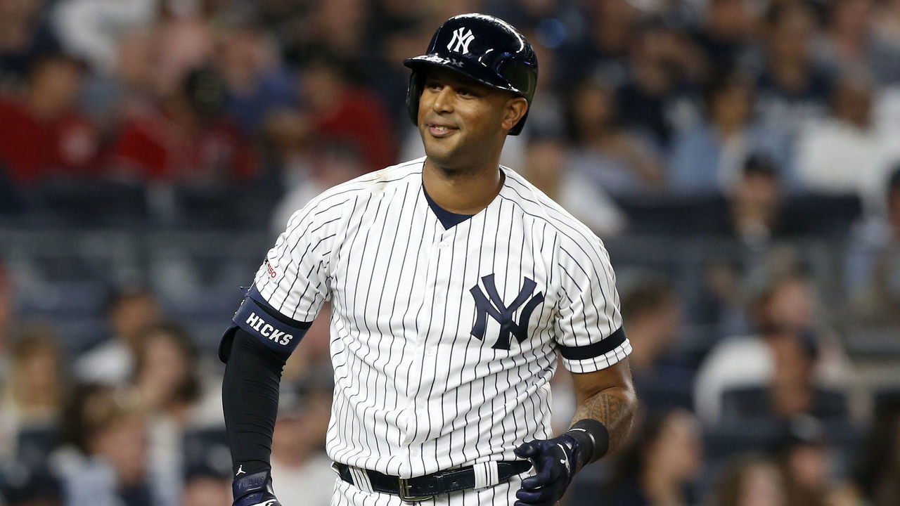 NEW YORK, NEW YORK - AUGUST 02: Aaron Hicks #31 of the New York Yankees in action against the Boston Red Sox at Yankee Stadium on August 02, 2019 in New York City. The Yankees defeated the Red Sox 4-2.