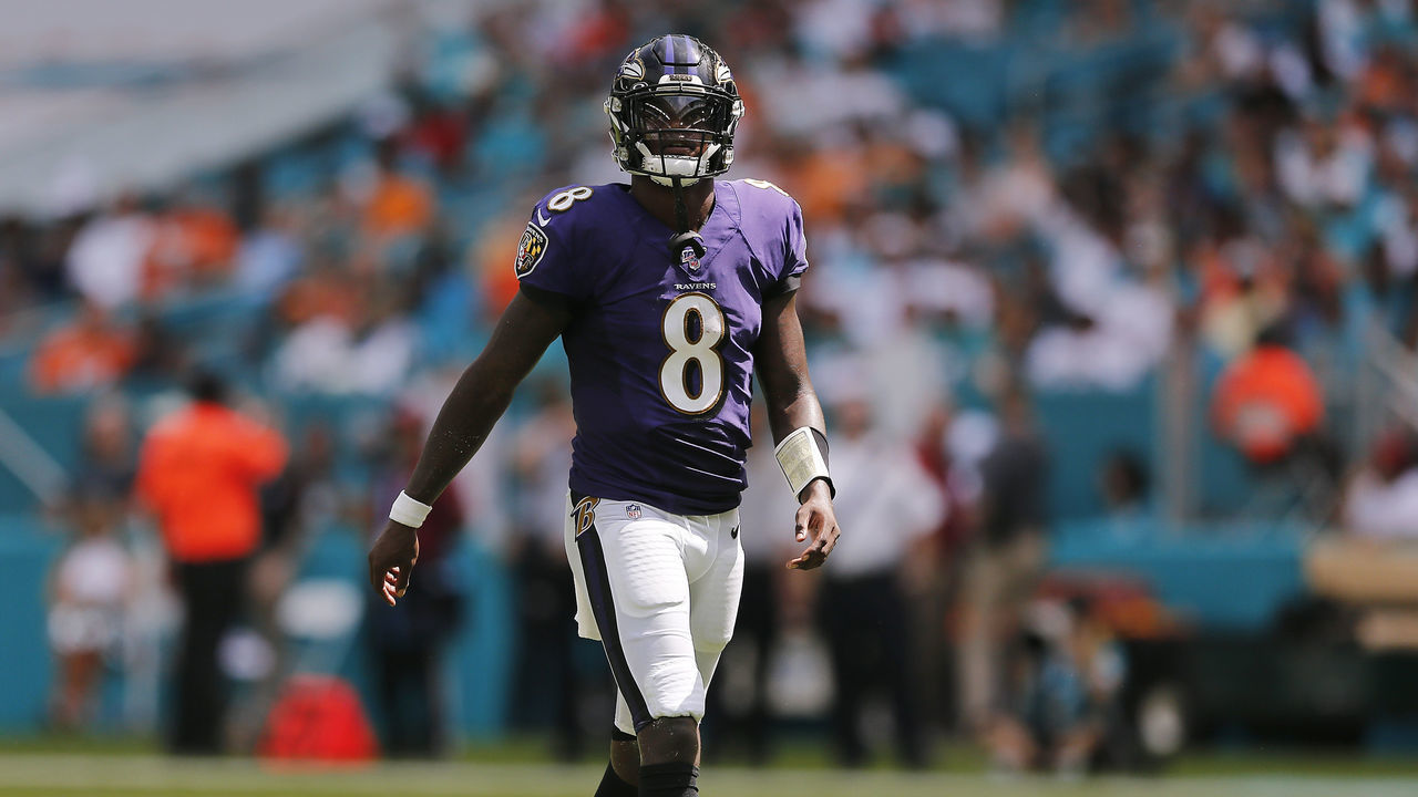 MIAMI, FLORIDA - SEPTEMBER 08: Lamar Jackson #8 of the Baltimore Ravens in action against the Miami Dolphins at Hard Rock Stadium on September 08, 2019 in Miami, Florida.