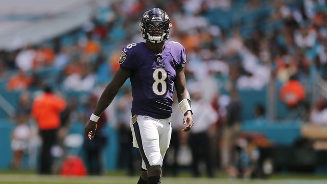 MIAMI, FLORIDA - SEPTEMBER 08: Lamar Jackson #8 of the Baltimore Ravens in action against the Miami Dolphins at Hard Rock Stadium on September 08, 2019 in Miami, Florida.