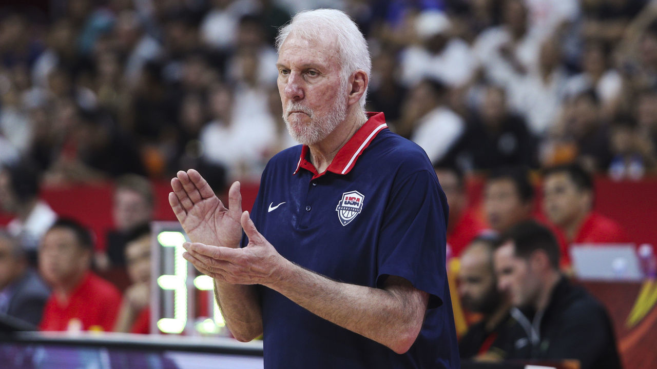 DONGGUAN, CHINA - SEPTEMBER 11: Coach Gregg Popovich of USA in action during FIBA World Cup 2019 quarter-final match between the United States and France at Dongguan Basketball Center on September 11, 2019 in Dongguan, Guangdong Province of China.