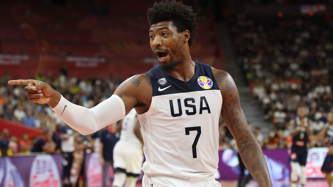 DONGGUAN, CHINA - SEPTEMBER 11: Marcus Smart of USA reacts during FIBA World Cup 2019 Quarter-finals match between USA and France at Dongguan Basketball Center on September 11, 2019 in Dongguan, China.