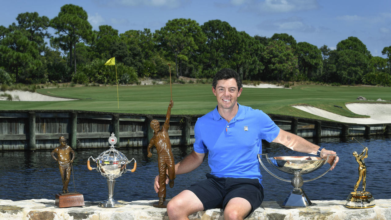 JUPITER, FL - SEPTEMBER 11: Rory McIlroy of Northern Ireland is named the 2019 PGA TOUR Player of the Year. McIlroy poses with his trophies during the Player of the Year ceremony at The Bear's Club on September 11, 2019 in Jupiter, Florida.