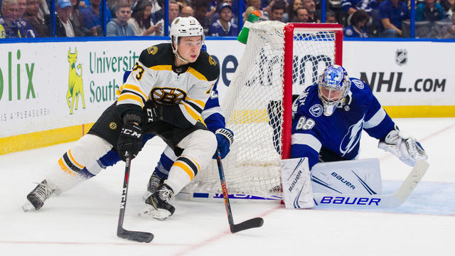 TAMPA, FL - MARCH 25: Goalie Andrei Vasilevskiy #88 of the Tampa Bay Lightning tends net against Charlie McAvoy #73 of the Boston Bruins during the second period at Amalie Arena on March 25, 2019 in Tampa, Florida.