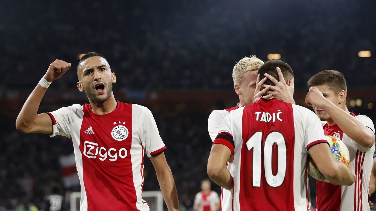 (L-R) Hakim Ziyech of Ajax, Donny van de Beek of Ajax, Dusan Tadic of Ajax, Razvan Marin of Ajax during the UEFA Champions League third round qualifying second leg match between Ajax Amsterdam and PAOK FC at the Johan Cruijff Arena on August 13, 2019 in Amsterdam, The Netherlands