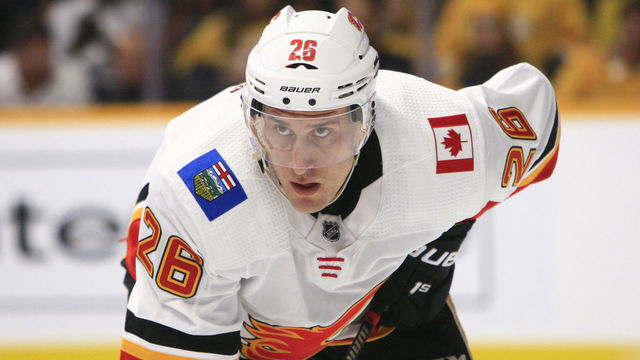 NASHVILLE, TN - OCTOBER 09: Calgary Flames defenseman Michael Stone (26) is shown during the NHL game between the Nashville Predators and the Calgary Flames, held on October 9, 2018, at Bridgestone Arena in Nashville, Tennessee.