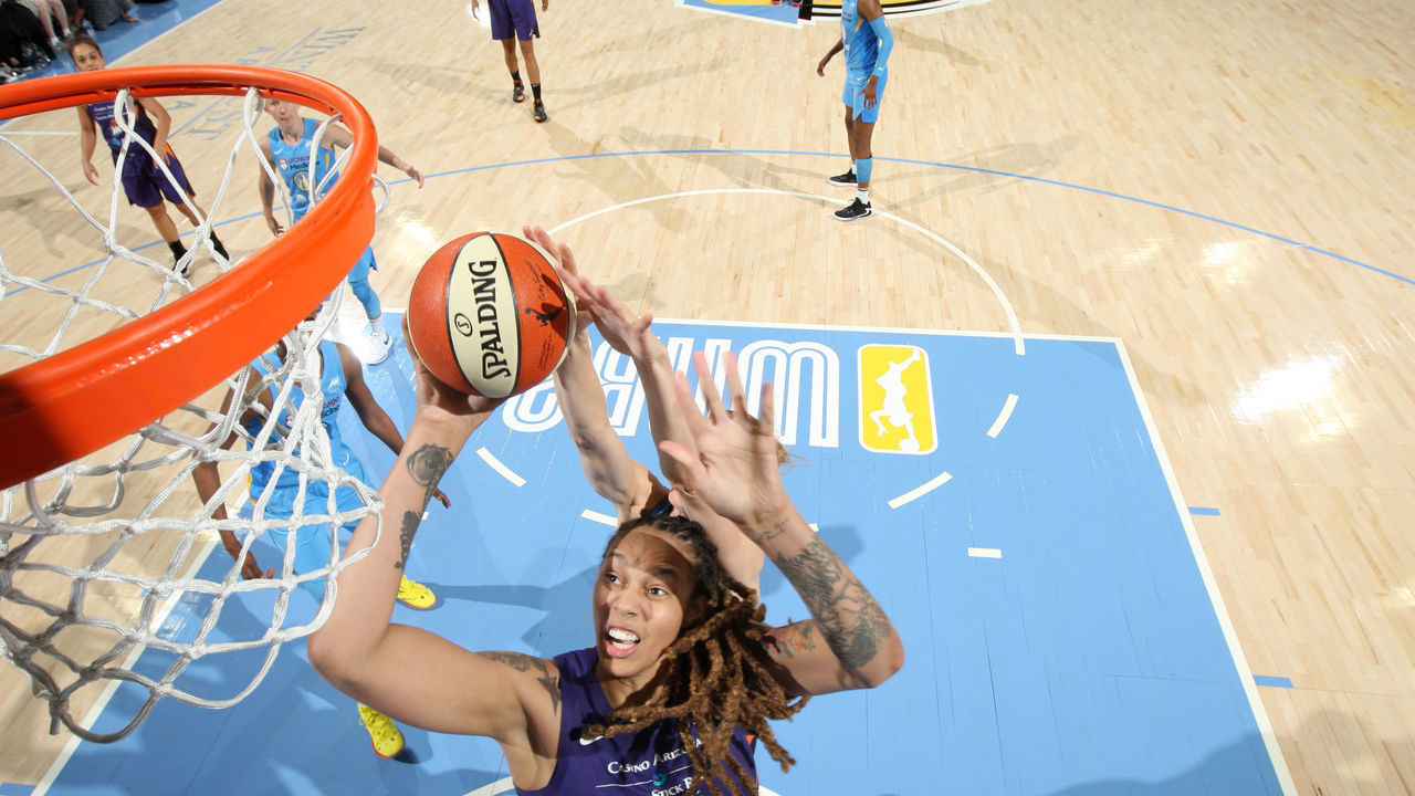 CHICAGO, IL - SEPTEMBER 11: Brittney Griner #42 of the Phoenix Mercury goes to the basket against the Chicago Sky during Round One of the WNBA Playoffs on September 11, 2019 at Wintrust Arena in Chicago, Illinois. NOTE TO USER: User expressly acknowledges and agrees that, by downloading and/or using this photograph, user is consenting to the terms and conditions of the Getty Images License Agreement. Mandatory Copyright Notice: Copyright 2019 NBAE
