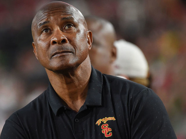 LOS ANGELES, CA - OCTOBER 14: Athletic director Lynn Swann of the USC Trojans stands on the sidelines during the game against the Utah Utes at the Los Angeles Memorial Coliseum on October 14, 2017 in Los Angeles, California.