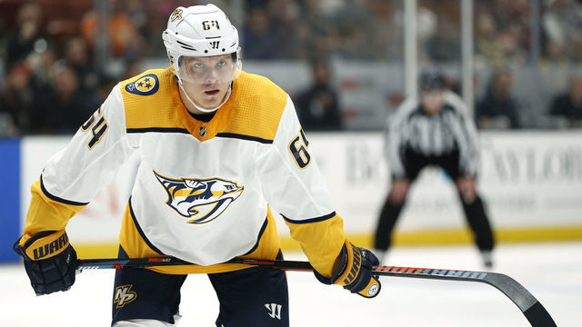 ANAHEIM, CALIFORNIA - MARCH 12: Mikael Granlund #64 of the Nashville Predators looks on between plays during a game against the Anaheim Ducks at Honda Center on March 12, 2019 in Anaheim, California.