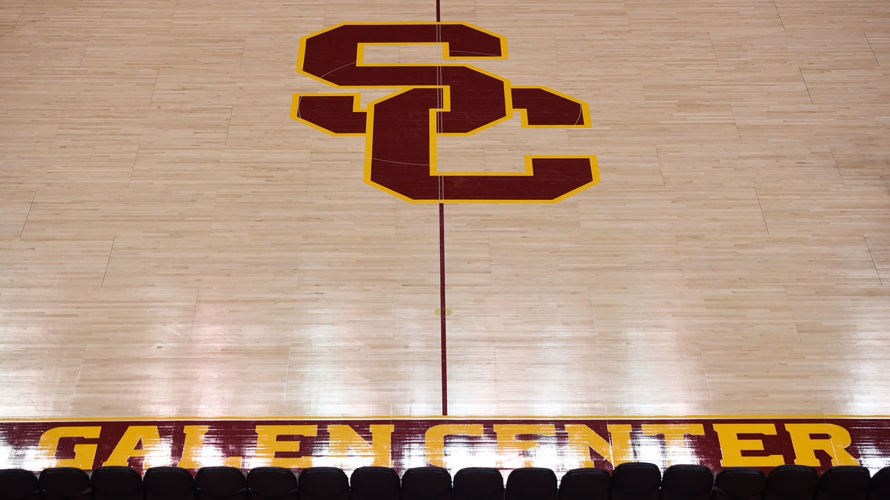 LOS ANGELES, CA - JANUARY 19: The USC logo on the court before an NCAA basketball game between the Arizona Wildcats and the USC Trojans on January 19, 2017, at the Galen Center in Los Angeles, CA.