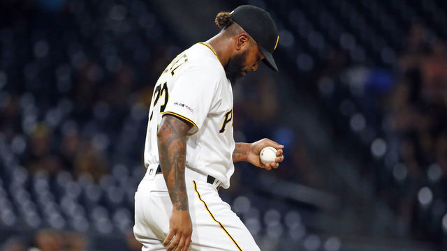 PITTSBURGH, PA - SEPTEMBER 03: Felipe Vazquez #73 of the Pittsburgh Pirates reacts after giving up a home run in the ninth inning against the Miami Marlins at PNC Park on September 3, 2019 in Pittsburgh, Pennsylvania.