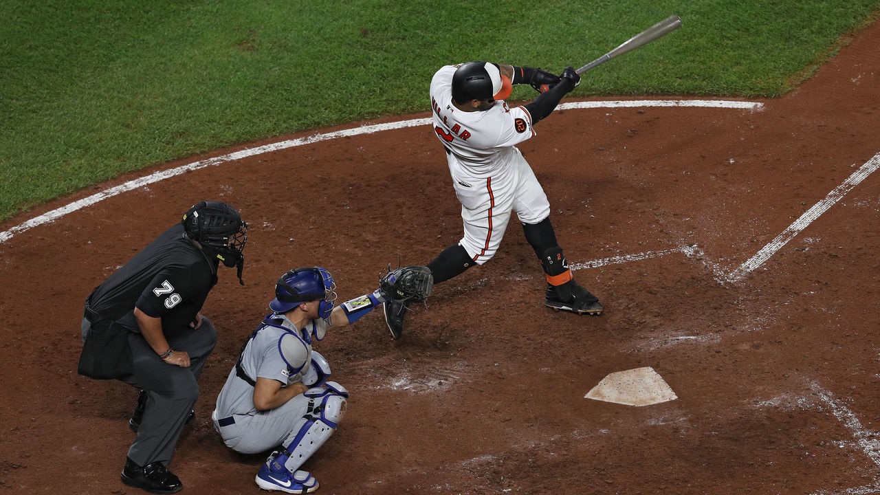 BALTIMORE, MARYLAND - SEPTEMBER 11: Jonathan Villar #2 of the Baltimore Orioles watches his three run home run against the Los Angeles Dodgers during the seventh inning at Oriole Park at Camden Yards on September 11, 2019 in Baltimore, Maryland. The home run was the 6,106th in the majors, breaking the MLB record for most home runs in a single season.